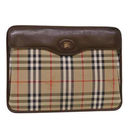 Luxury BurberrySs Nova Check Clutch Bag Canvas Beige Brown Red Auth ac2005