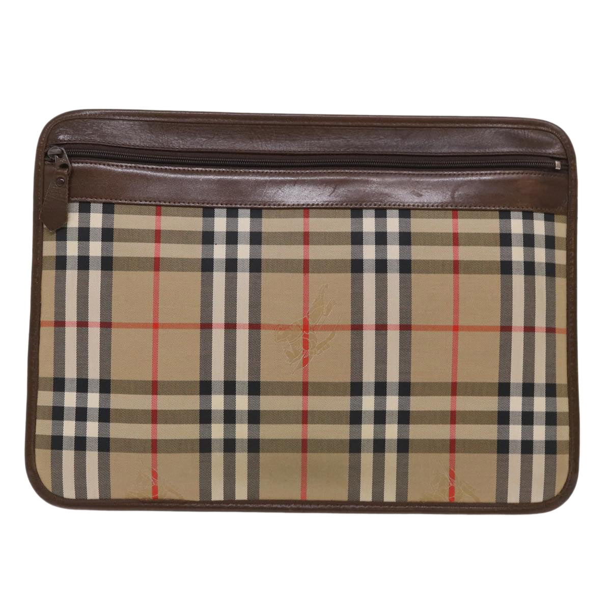 Luxury BurberrySs Nova Check Clutch Bag Canvas Beige Brown Red Auth ac2005