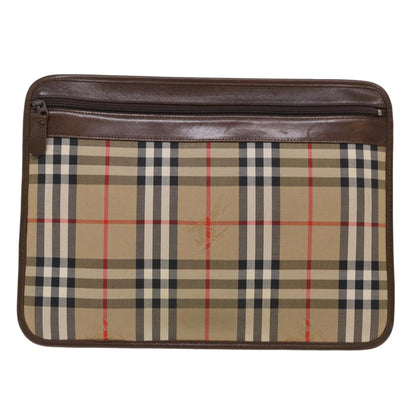 Luxury BurberrySs Nova Check Clutch Bag Canvas Beige Brown Red Auth ac2005