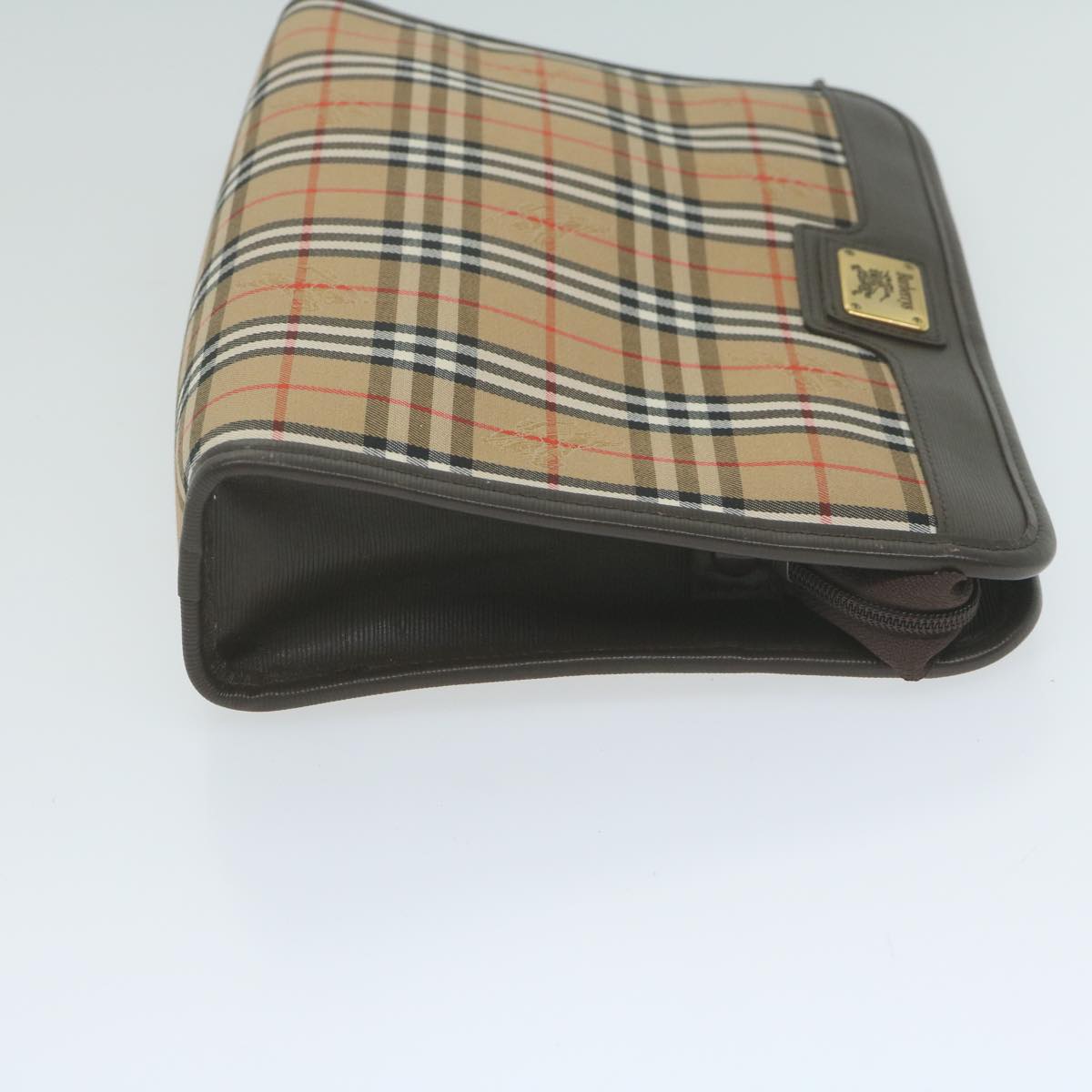 Luxury BurberrySs Nova Check Clutch Bag Nylon Canvas Beige Auth ac2673