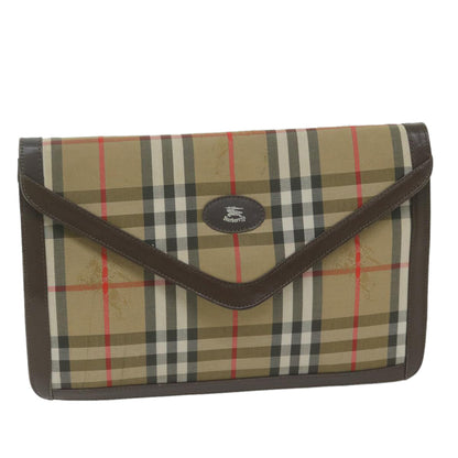 Luxury BurberrySs Nova Check Clutch Bag Nylon Canvas Beige Auth ac2675