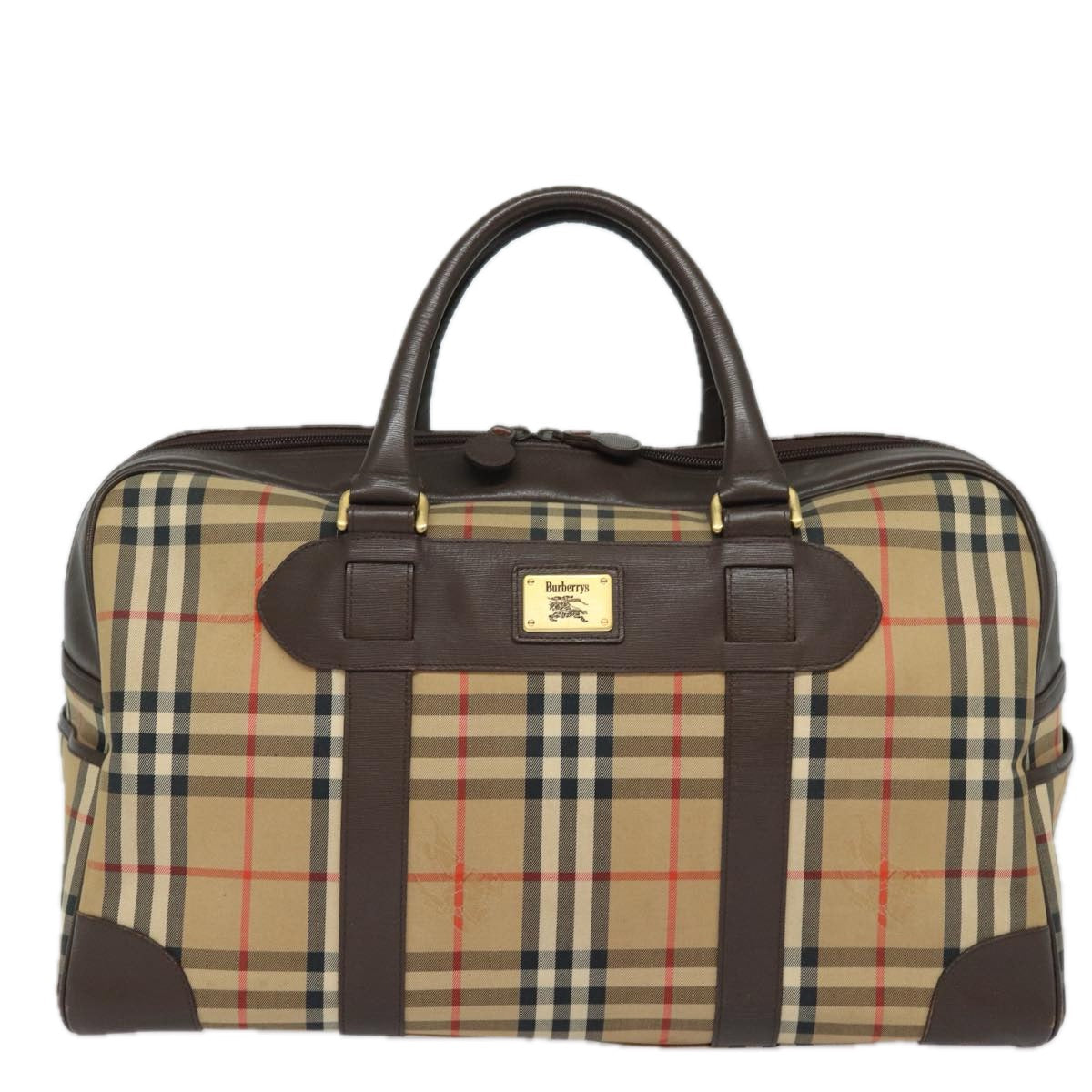 Luxury BurberrySs Nova Check Boston Bag Canvas Beige Auth ac3128