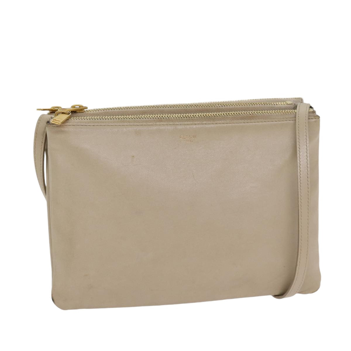 Luxury CELINE Trio Shoulder Bag Leather Beige Gold Auth ac3212