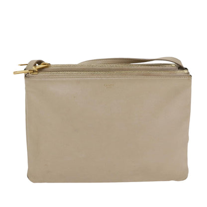 Luxury CELINE Trio Shoulder Bag Leather Beige Gold Auth ac3212
