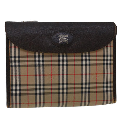 Luxury BurberrySs Nova Check Clutch Bag Nylon Leather Beige Auth am4674