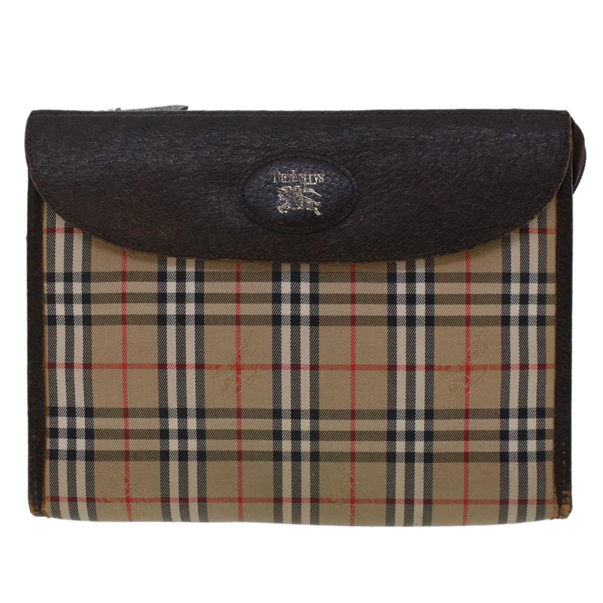 Luxury BurberrySs Nova Check Clutch Bag Nylon Leather Beige Auth am4674