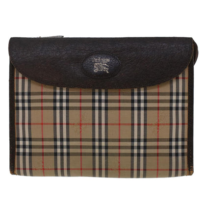 Luxury BurberrySs Nova Check Clutch Bag Nylon Leather Beige Auth am4674
