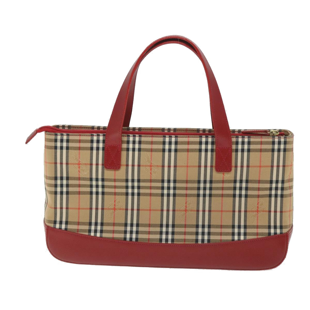 Luxury Burberry Nova Check Hand Bag Nylon Canvas Beige Red Auth am5133