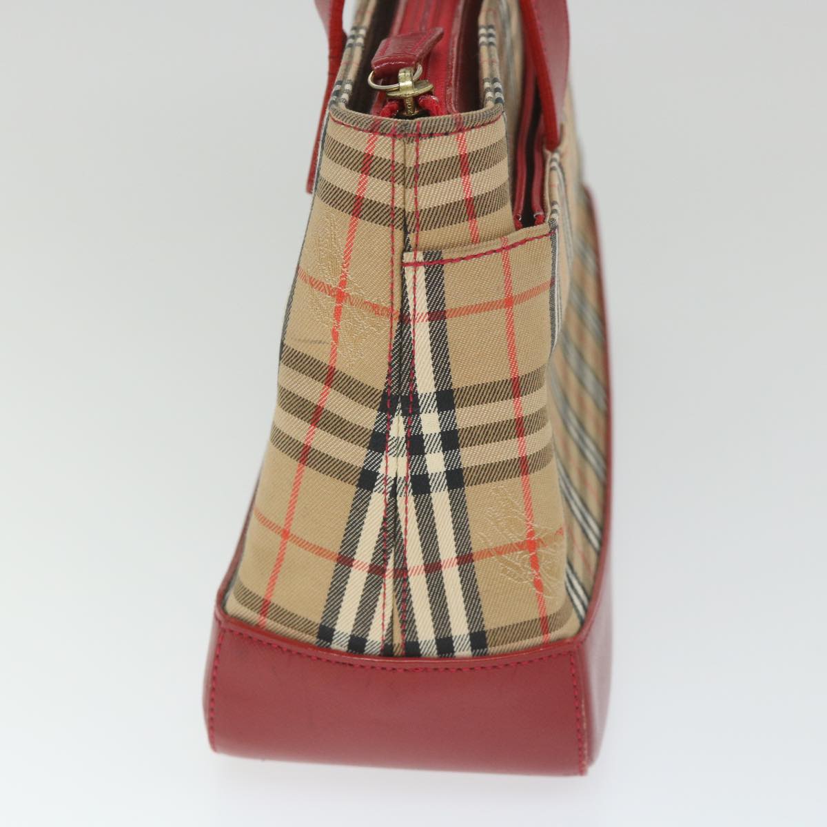 Luxury Burberry Nova Check Hand Bag Nylon Canvas Beige Red Auth am5133