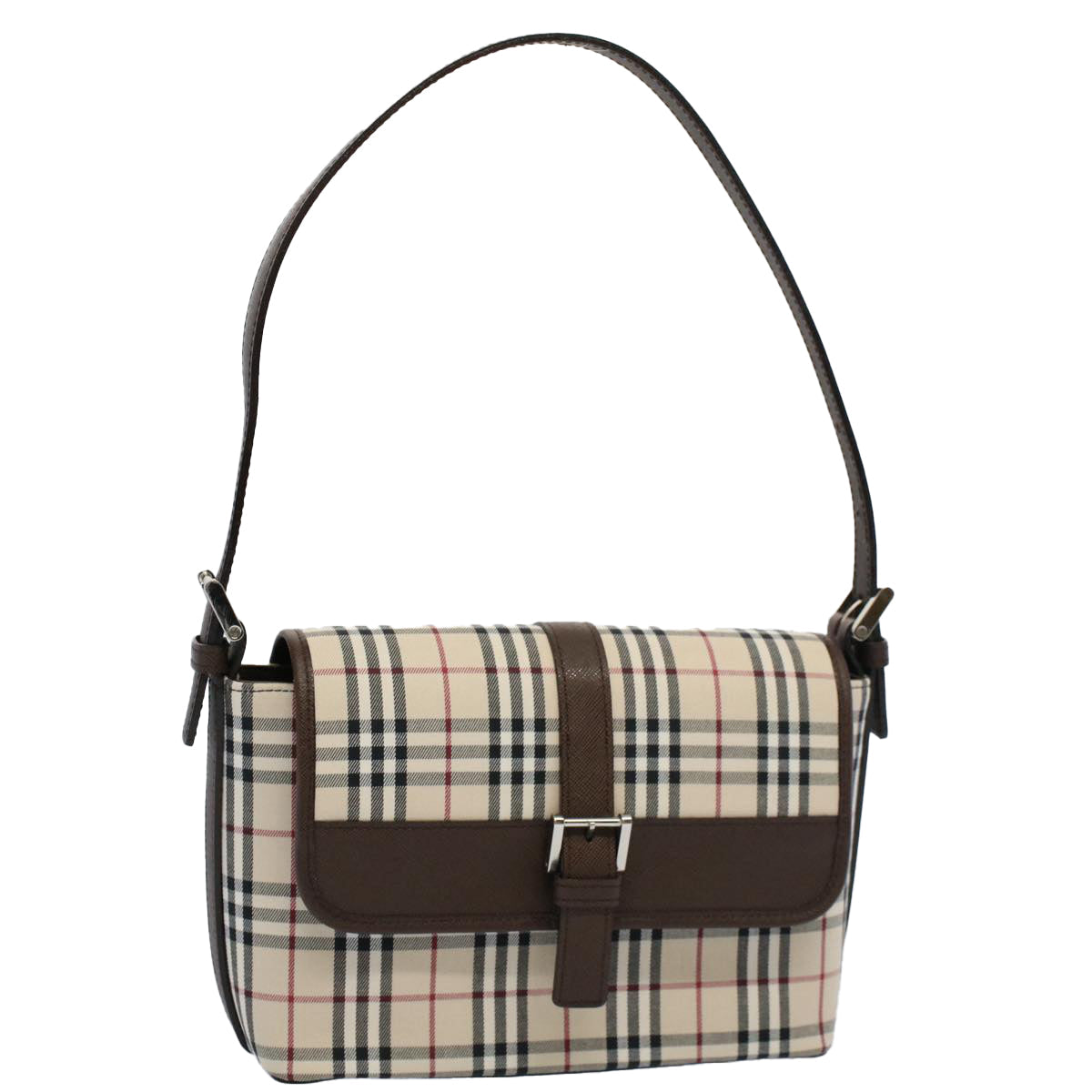 Luxury Burberry Nova Check Shoulder Bag Nylon Canvas Beige Auth am5185
