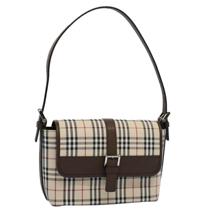 Luxury Burberry Nova Check Shoulder Bag Nylon Canvas Beige Auth am5185