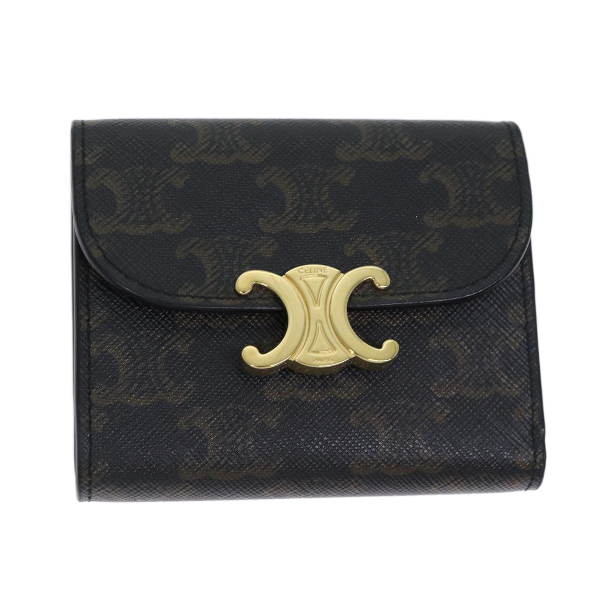 Luxury CELINE Triomphe Macadam Canvas Wallet PVC Black Auth am6037A