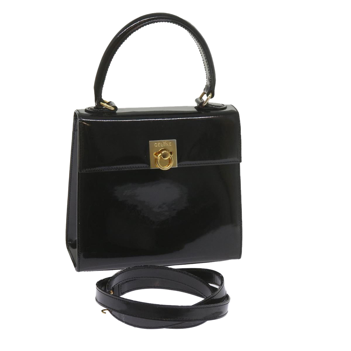 Luxury CELINE Hand Bag Patent leather 2way Black  ar10948B