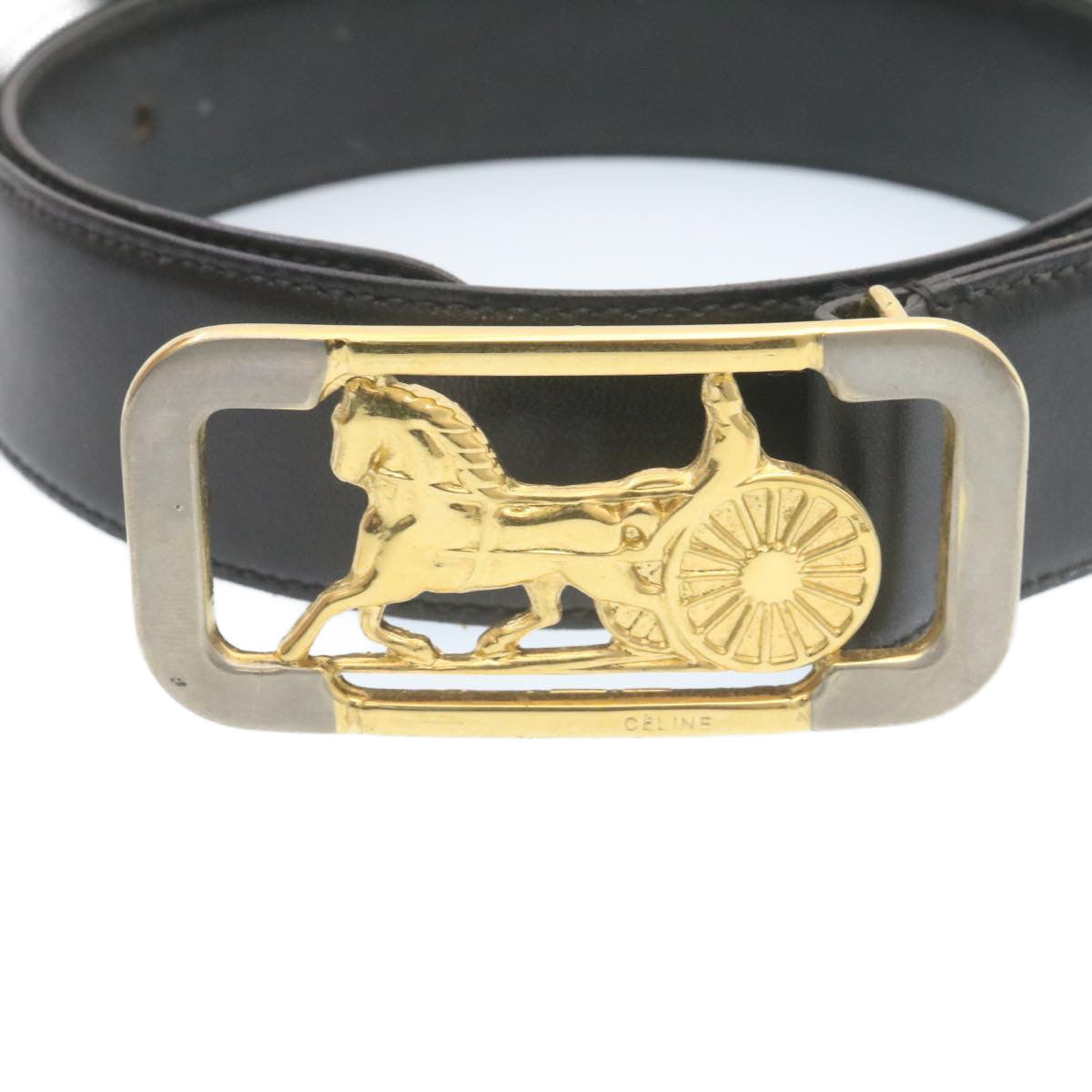 Luxury CELINE Horse Carriage Belt Leather Black Gold  ar6038