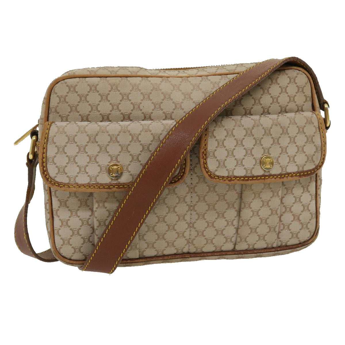 Luxury CELINE Macadam Canvas Shoulder Bag Beige Brown  ar7069