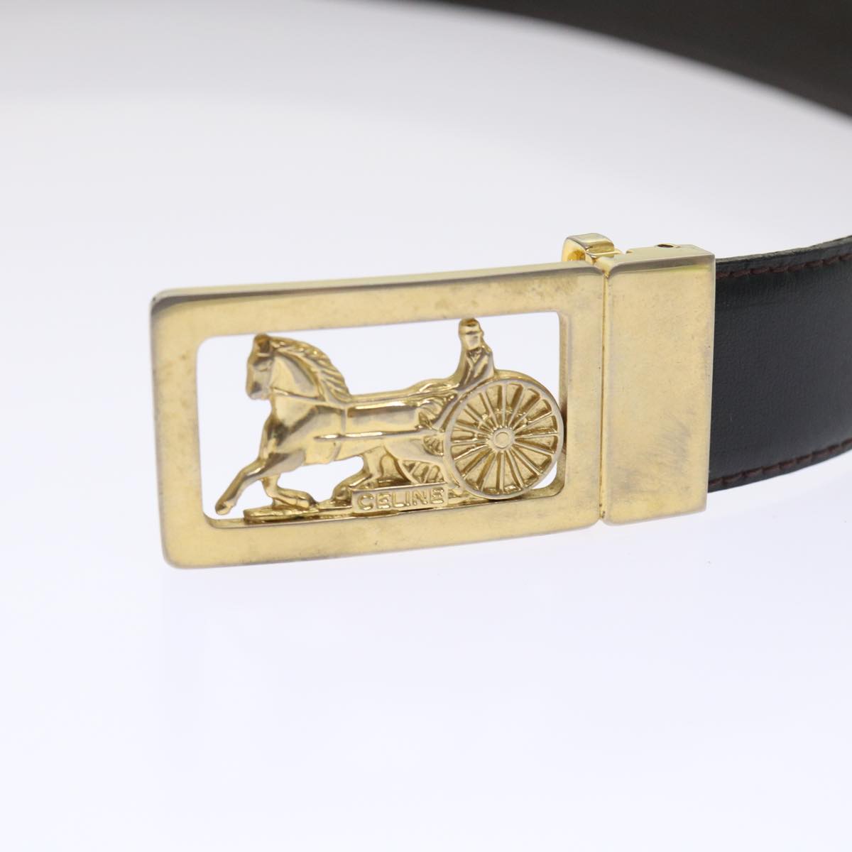 Luxury CELINE Horse Carriage Belt Leather 28""-32.3"" Black  ar9780