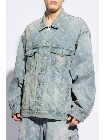 Luxury Balenciaga Trending 2025 Logo Print Denim Jacket Blue