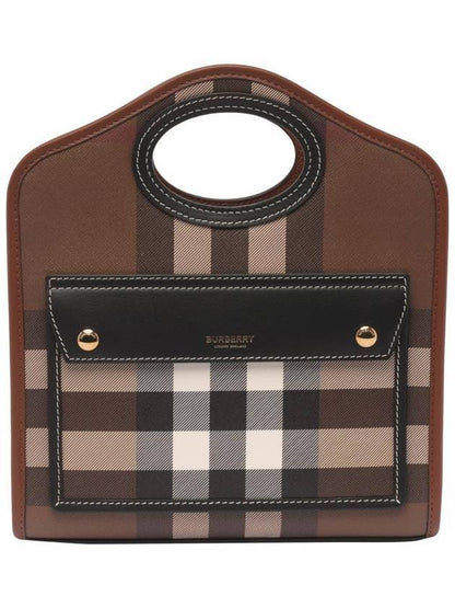 Luxury Burberry Mini Pocket Checked Leather Tote Bag Dark Burch Brown