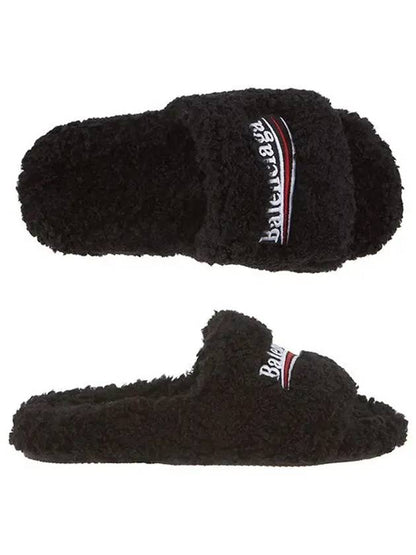 Luxury Balenciaga Trending 2025 Furry Logo Slippers Black