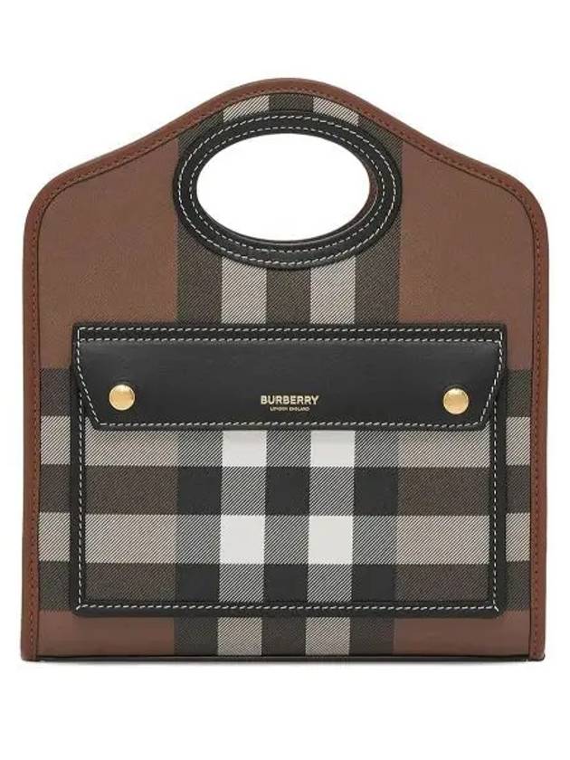 Luxury Burberry Mini Pocket Checked Leather Tote Bag Dark Burch Brown
