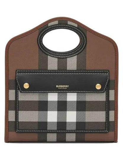 Luxury Burberry Mini Pocket Checked Leather Tote Bag Dark Burch Brown