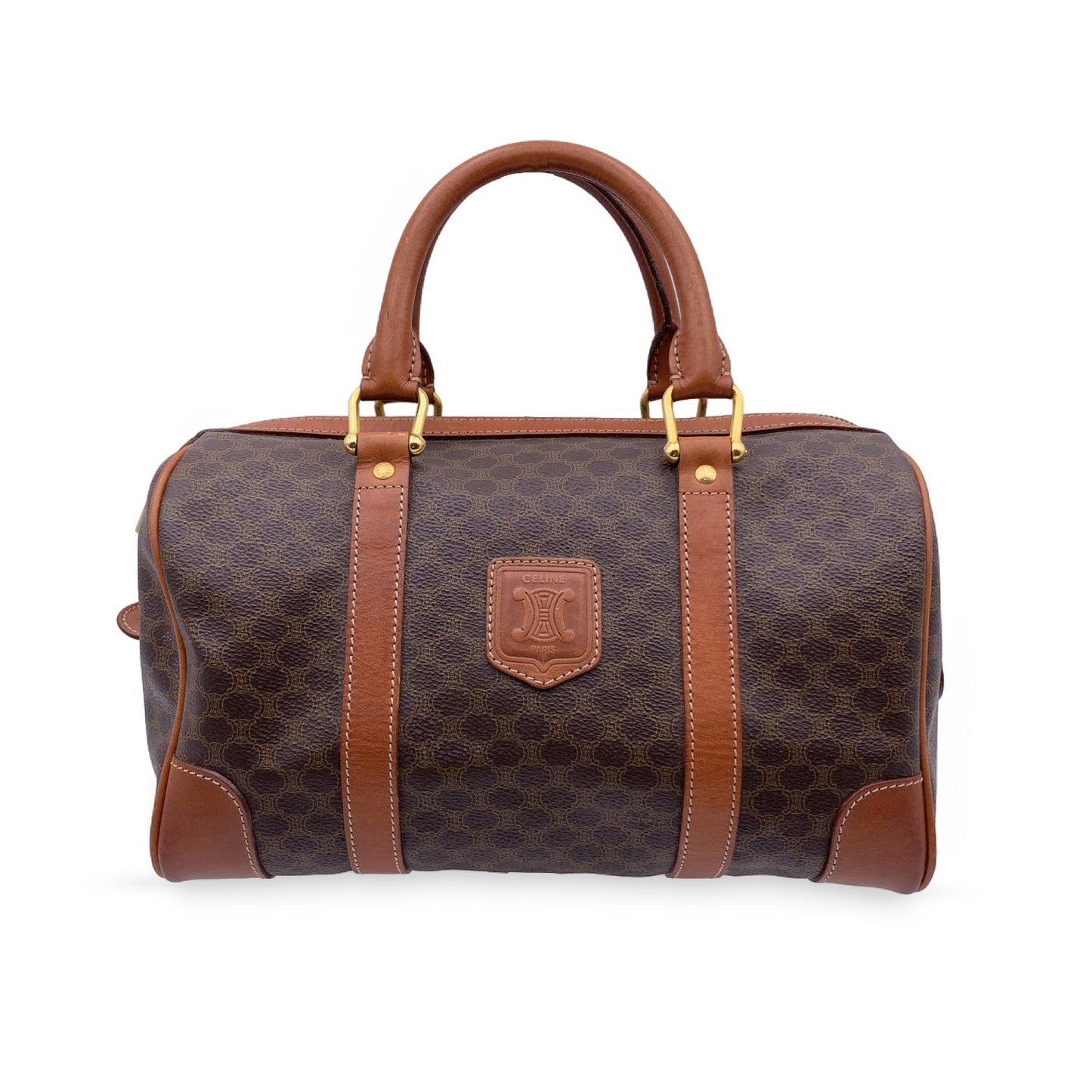 Luxury CELINE Vintage Brown Macadam Canvas Boston Bag Duffel Duffle