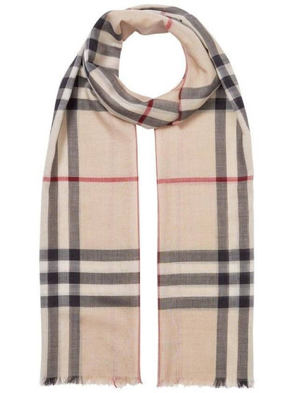 Luxury Burberry Check Lightweight Wool Silk Scarf Beige
