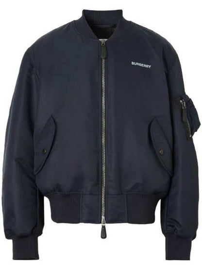 Luxury Burberry Men's Logo Print Nylon Bomber Jacket Smoke Navy