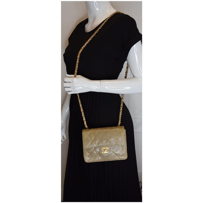 CHANEL Vintage Mini Square Flap Lizard Shoulder Bag Beige/Gold