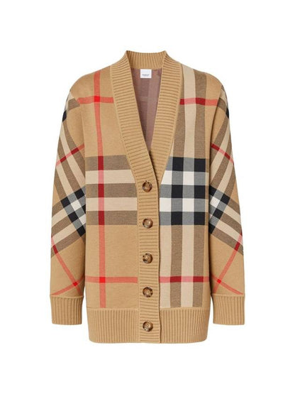 Luxury Burberry Check Technical Wool Jacquard Cardigan Archive Beige