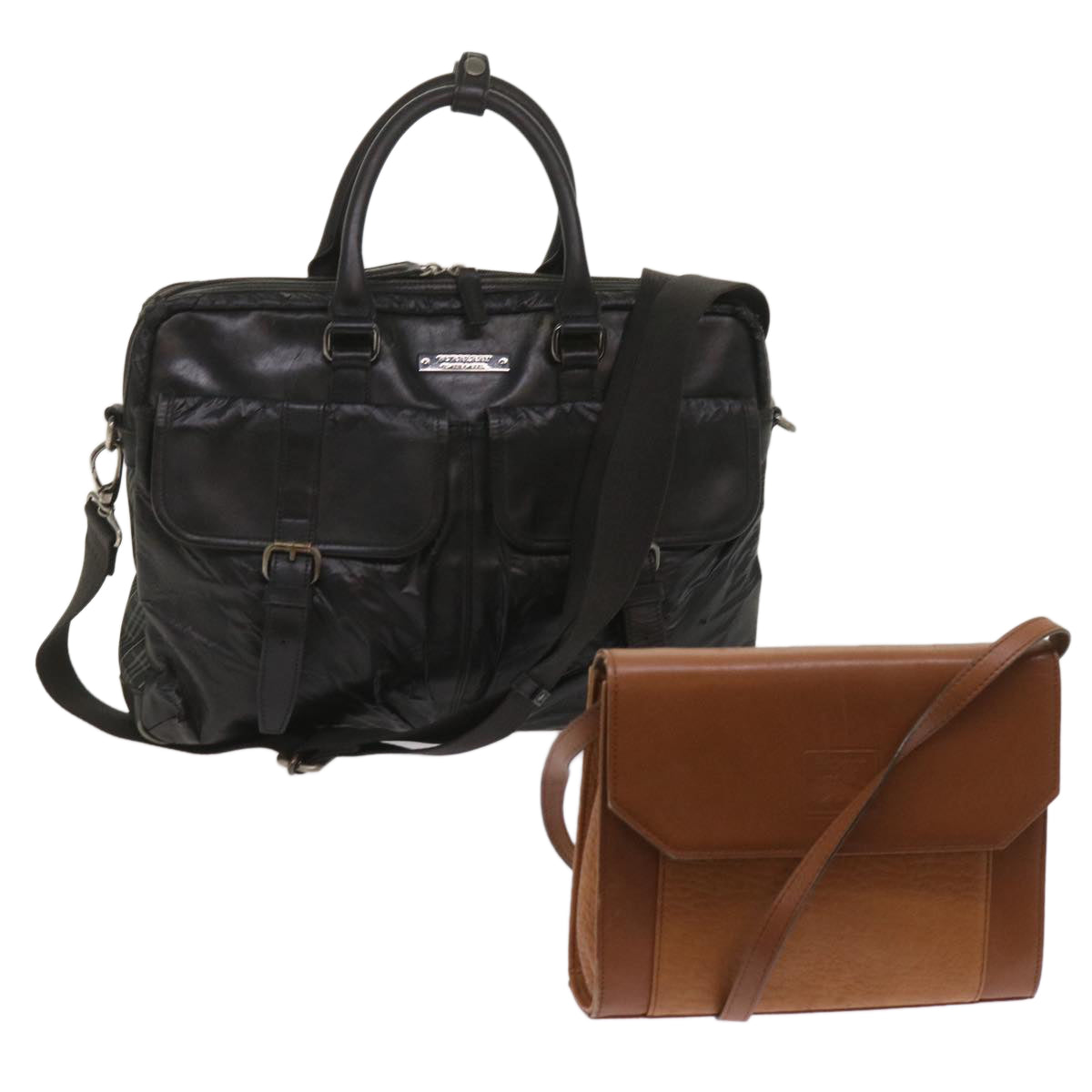 Luxury Burberry Shoulder Bag Leather 2Set Brown Black Auth bs11672