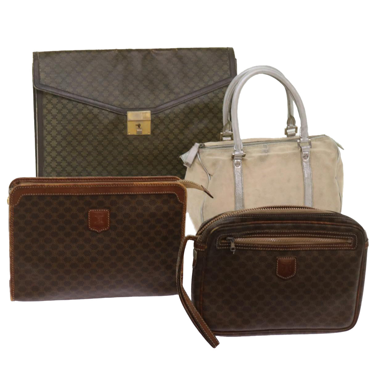 Luxury CELINE Macadam Canvas Hand Bag Clutch Bag PVC 4Set Brown Beige  12454