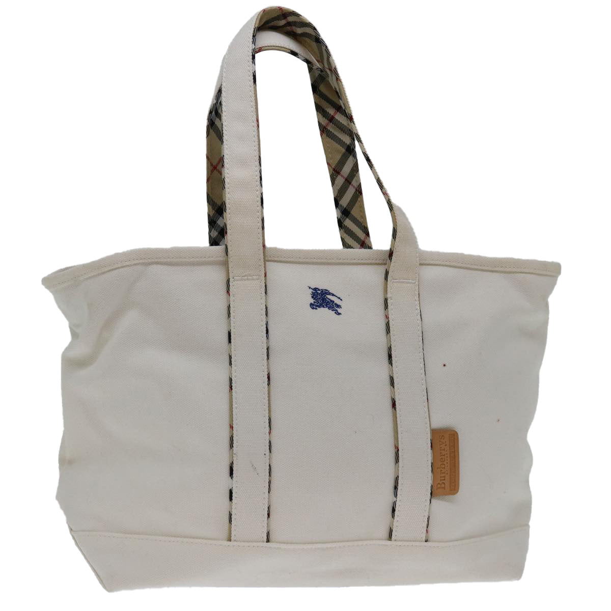 Luxury BurberrySs Nova Check Blue Label Tote Bag Canvas White Beige Auth bs12787