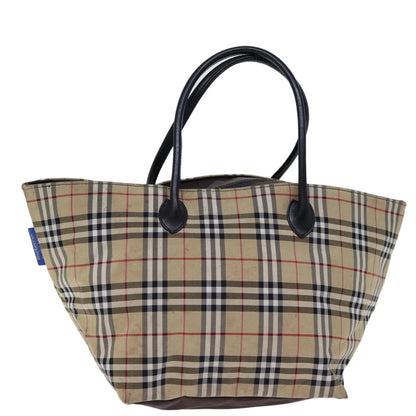 Luxury BurberrySs Nova Check Blue Label Tote Bag Nylon Beige Brown Auth bs13688