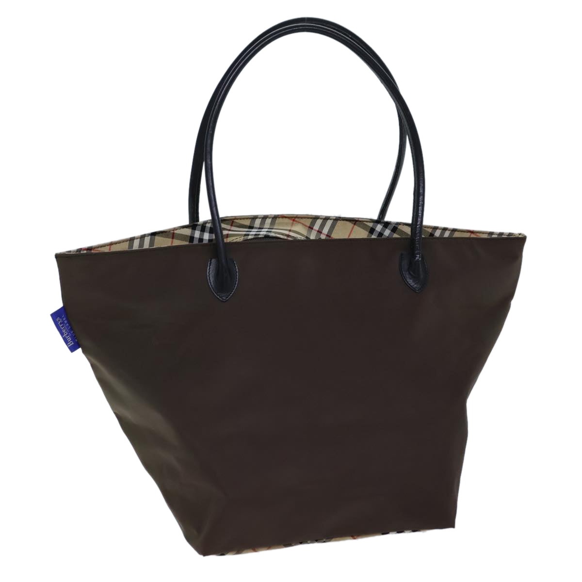 Luxury BurberrySs Nova Check Blue Label Hand Bag Nylon Brown Black Auth bs13689