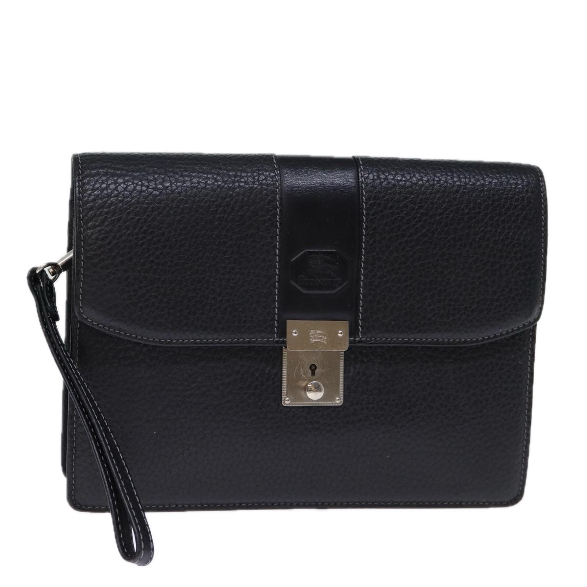 Luxury BurberrySs Clutch Bag Leather Black Auth bs13915