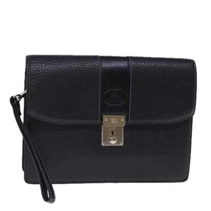 Luxury BurberrySs Clutch Bag Leather Black Auth bs13915