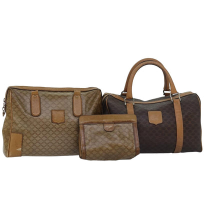 Luxury CELINE Macadam Canvas Pouch Hand Bag PVC Leather 3Set Beige Brown  14082