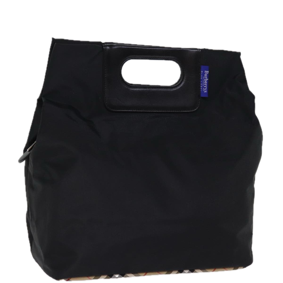 Luxury BurberrySs Nova Check Blue Label Hand Bag Nylon Black Beige Auth bs14388