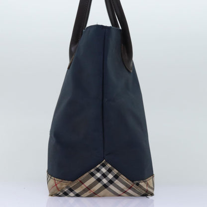 Luxury BurberrySs Nova Check Blue Label Tote Bag Nylon Black Beige Auth bs14389