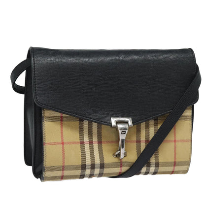 Luxury Burberry Nova Check Shoulder Bag Canvas Leather Beige Black Auth bs16405