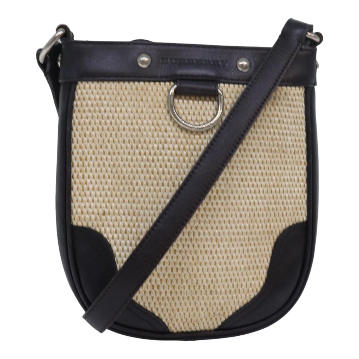 Luxury Burberry Shoulder Bag leather Straw Beige Dark Brown Auth bs16419