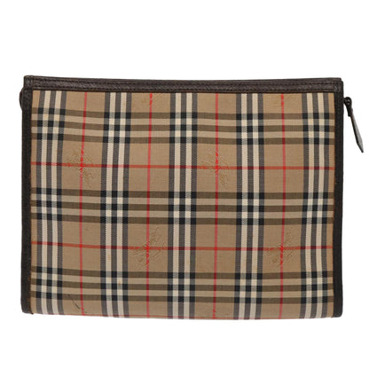 Luxury BurberrySs Nova Check Clutch Bag Canvas Leather Beige Brown gold Auth bs17029