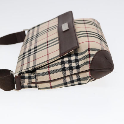Luxury Burberry Nova Check Shoulder Bag Nylon Beige Brown Silver Auth bs17441