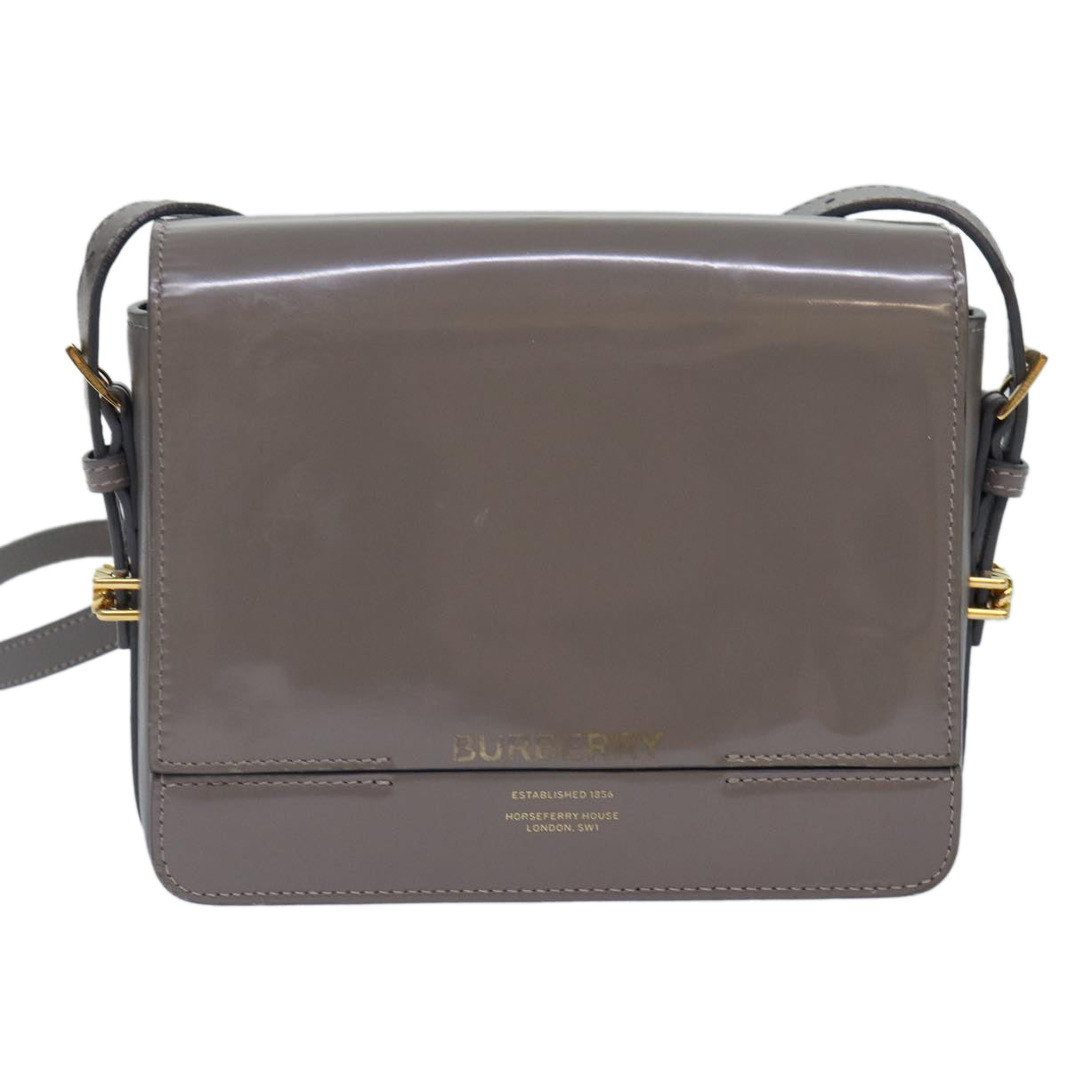 Luxury Burberry Shoulder Bag Patent leather Gray Gold Auth bs17639