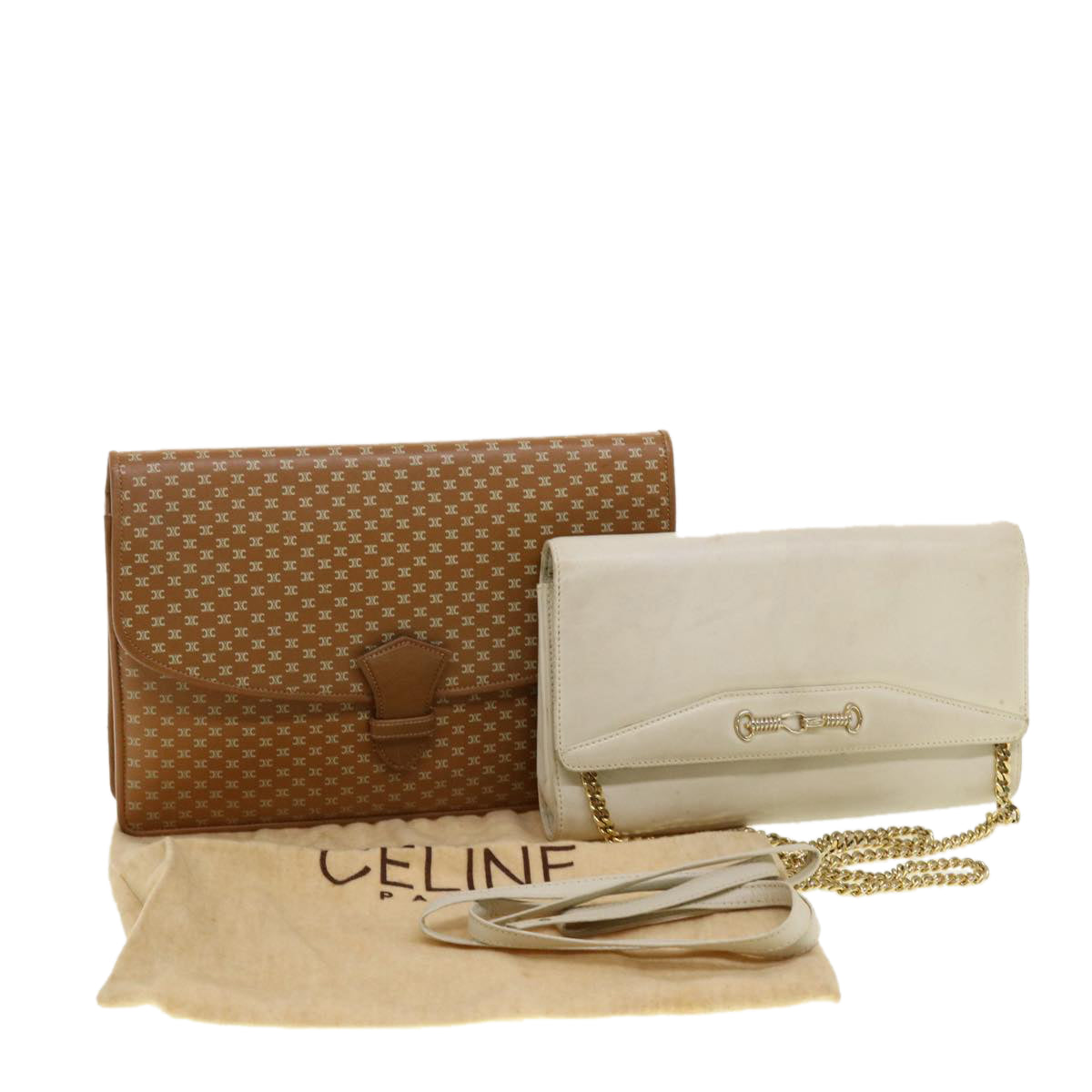 Luxury CELINE Shoulder Chain Clutch Bag Leather 2Set Brown Whe  5313