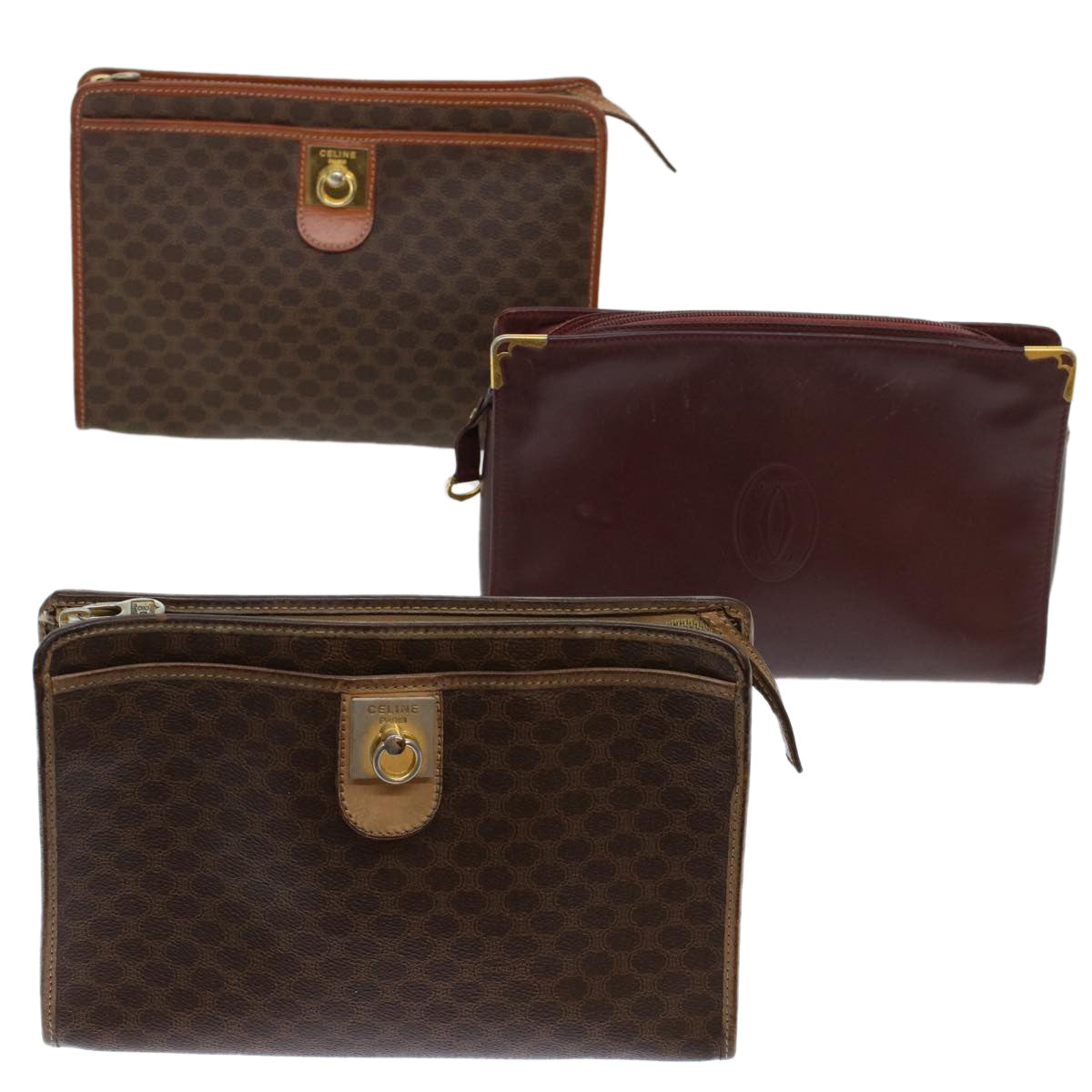 Luxury CELINE Cartier Macadam Canvas Clutch Bag Leather 3Set Wine Red Brown  6276