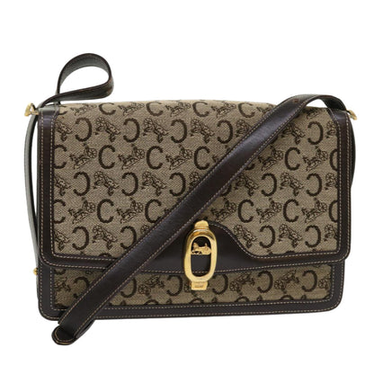 Luxury CELINE C Macadam Canvas Shoulder Bag Canvas Leather Beige Dark Brown  6694