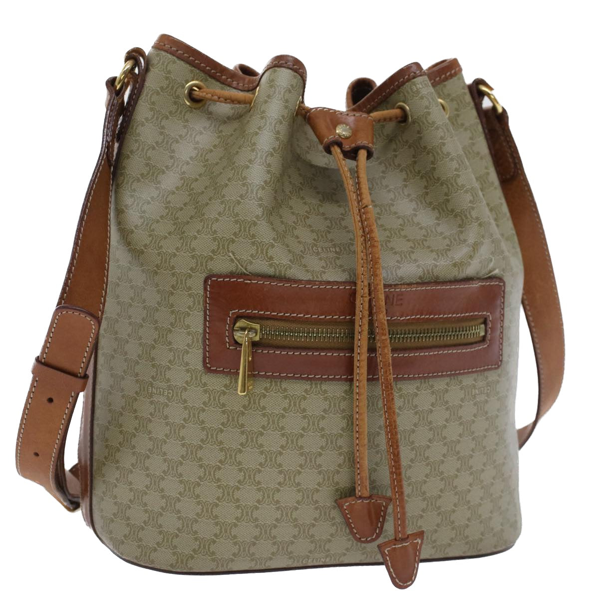 Luxury CELINE Macadam Canvas Shoulder Bag PVC Leather Beige Brown  7489