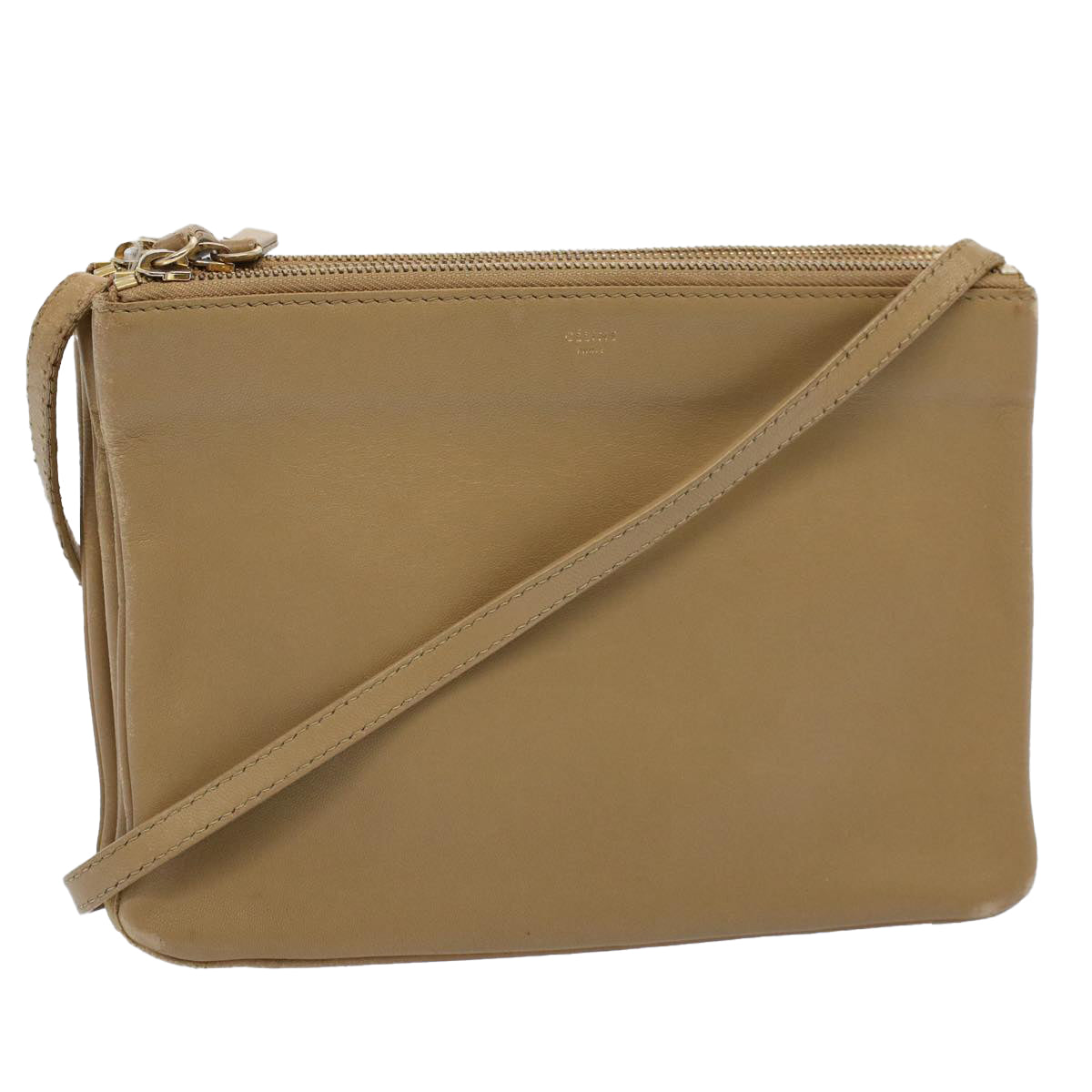 Luxury CELINE Trio PM Shoulder Bag Leather Beige  9583